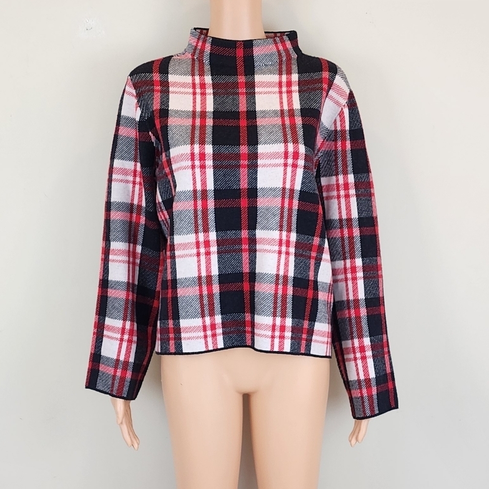 Ann Taylor Red Multi Color Plaid Long Sleeve Sweater